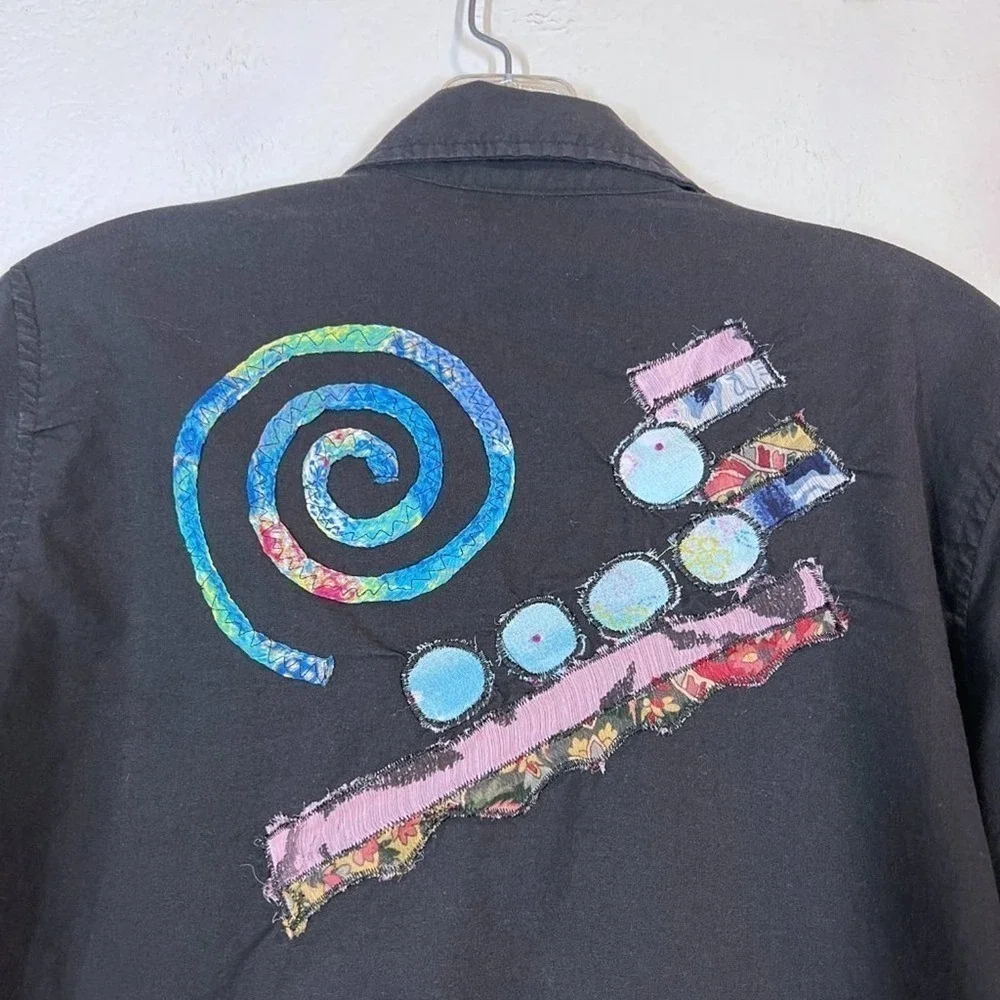 Embroidered Jacket Patchwork Black Button Down Artsy Wearable Art Small
